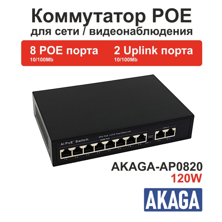 AKAGA-AP0820. 120W. Коммутатор POE на 8 портов (10 100M) + 2 uplink (100M). 0