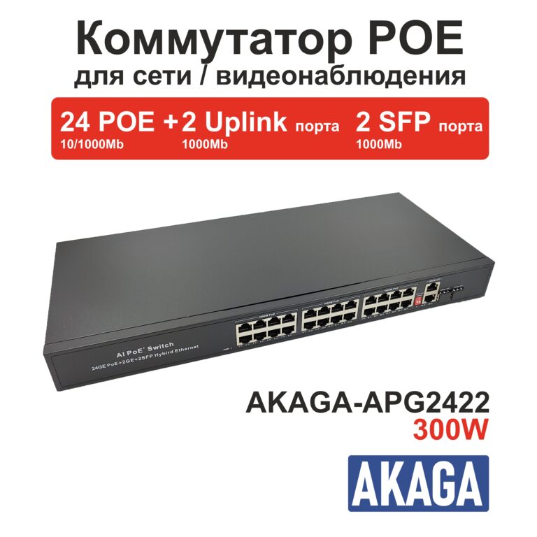 XMEye-APG2422. 300W. Коммутатор POE на 24 порта GIGABIT (10 100 1000M) + 2 uplink GIGABIT (1000M) + 2 SFP GIGABIT (1000M). 0